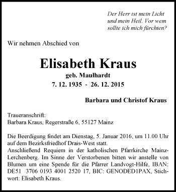 Traueranzeige von Elisabeth Kraus von  Allgemeine Zeitung Mainz