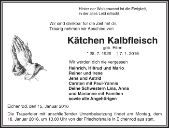 Traueranzeige von Kätchen Kalbfleisch von VRM Trauer
