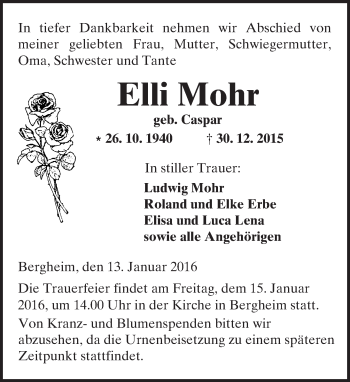 Traueranzeige von Elli Mohr von  Kreisanzeiger