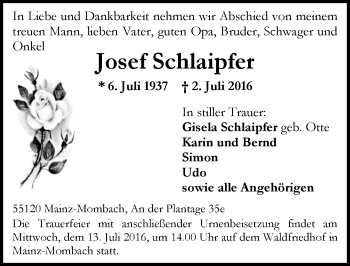 Traueranzeige von Josef Schlaipfer von Trauerportal Rhein Main Presse