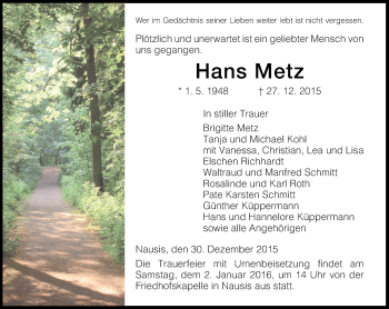 Traueranzeige von Hans Metz von VRM Trauer