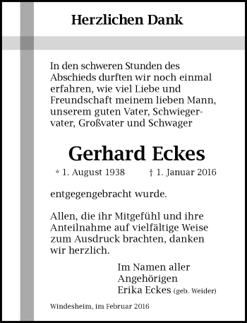 Traueranzeige von Gerhard Eckes von  Allg. Zeitung Bad Kreuznach