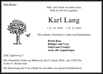 Traueranzeige von Karl Lang von VRM Trauer