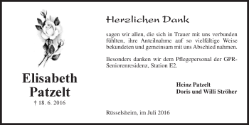 Traueranzeige von Elisabeth Patzelt von Trauerportal Rhein Main Presse