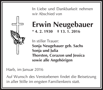 Traueranzeige von Erwin Neugebauer von  Kreisanzeiger