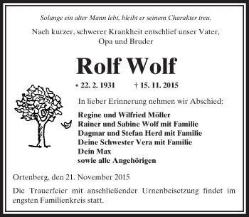 Traueranzeige von Rolf Wolf von  Kreisanzeiger