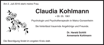 Traueranzeige von Claudia Kohlmann von Trauerportal Rhein Main Presse