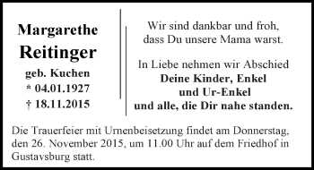 Traueranzeige von Margarethe Reitinger von  Allgemeine Zeitung Mainz
