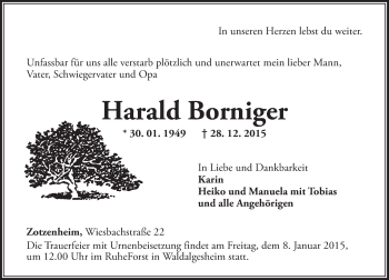 Traueranzeige von Harald Borniger von  Allgemeine  Zeitung Ingelheim-Bingen
