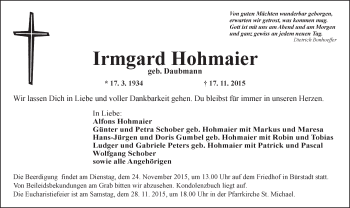 Traueranzeige von Irmgard Hohmaier von  Bürstädter Zeitung