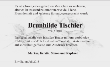 Traueranzeige von Brunhilde Tischler von Trauerportal Rhein Main Presse