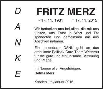 Traueranzeige von Fritz Merz von  Sonntags Anzeiger