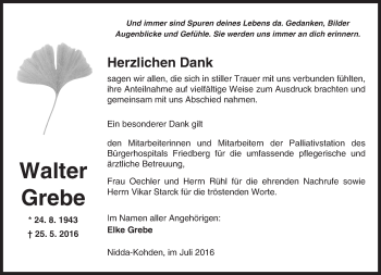 Traueranzeige von Walter Grebe von  Sonntags Anzeiger