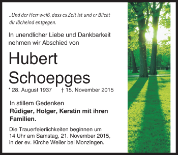 Traueranzeige von Hubert Schoepges von  Allg. Zeitung Bad Kreuznach