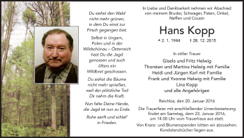 Traueranzeige von Hans Kopp von VRM Trauer