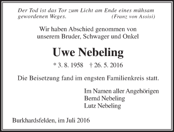 Traueranzeige von Uwe Nebeling von  Gießener Anzeiger