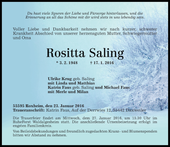Traueranzeige von Rositta Saling von  Allg. Zeitung Bad Kreuznach