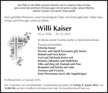Traueranzeige von Willi Kaiser von  Kreisanzeiger