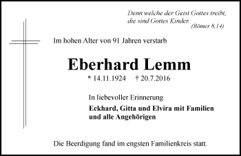 Traueranzeige von Eberhard Lemm von Trauerportal Rhein Main Presse