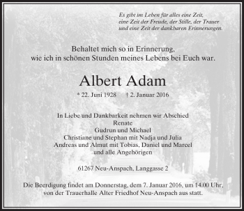 Traueranzeige von Albert Adam von  Usinger Anzeiger