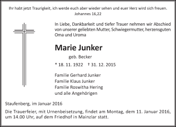 Traueranzeige von Marie Junker von  Gießener Anzeiger