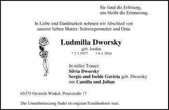 Traueranzeige von Ludmilla Dworsky von  Rheingau