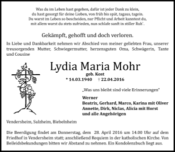 Traueranzeige von Lydia Maria Mohr von  Allgemeine Zeitung Alzey