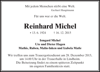 Traueranzeige von Reinhard Michel von  Kreisanzeiger