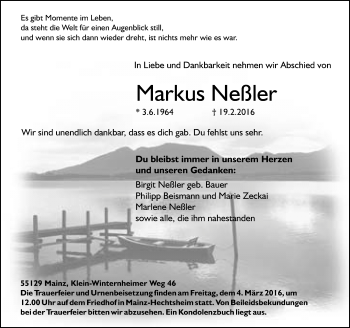 Traueranzeige von Markus Neßler von  Allgemeine Zeitung Mainz