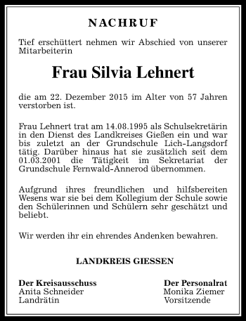 Traueranzeige von Silvia Lehnert von  Gießener Anzeiger