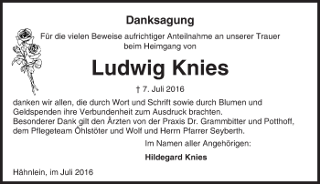 Traueranzeige von Ludwig Knies von Trauerportal Echo Online