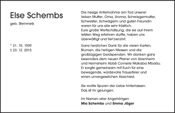 Traueranzeige von Else Schembs von  Wormser Zeitung