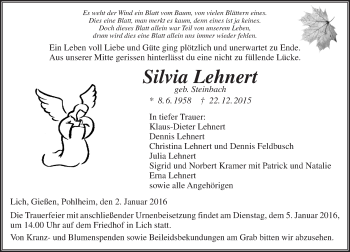 Traueranzeige von Silvia Lehnert von  Gießener Anzeiger