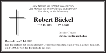 Traueranzeige von Robert Bäckel von  Kreisanzeiger