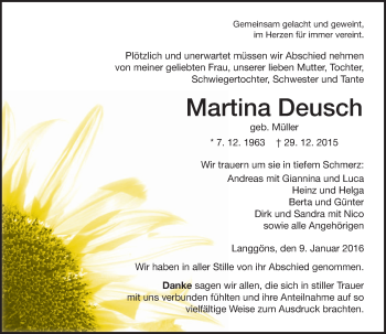 Traueranzeige von Martina Deusch von  Gießener Anzeiger