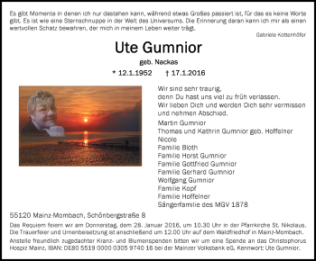 Traueranzeige von Ute Gumnior von  Allgemeine Zeitung Mainz