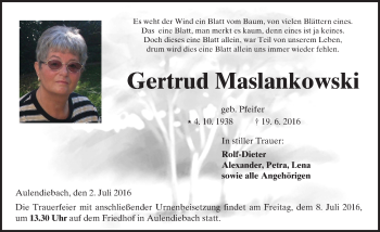 Traueranzeige von Gertrud Maslankowski von  Sonntags Anzeiger