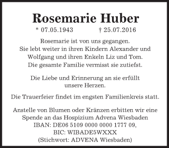 Traueranzeige von Rosemarie Huber von Trauerportal Rhein Main Presse