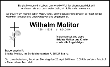 Traueranzeige von Wilhelm Molitor von  Allgemeine Zeitung Mainz