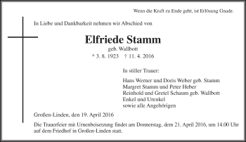 Traueranzeige von Elfriede Stamm von  Gießener Anzeiger