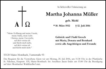 Traueranzeige von Martha Johanna Müller von Trauerportal Rhein Main Presse