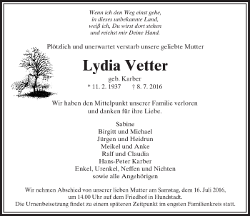 Traueranzeige von Lydia Vetter von  Usinger Anzeiger