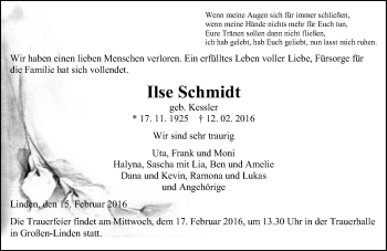 Traueranzeige von Ilse Schmidt von  Gießener Anzeiger