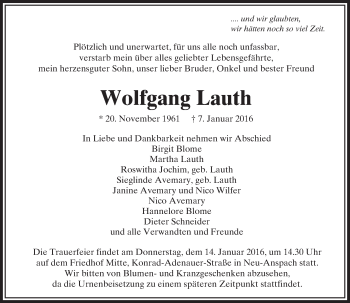 Traueranzeige von Wolfgang Lauth von  Usinger Anzeiger