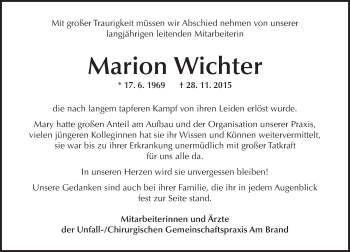 Traueranzeige von Marion Wichter von  Allgemeine Zeitung Mainz