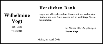 Traueranzeige von Wilhelmine Vogt von  Allgemeine Zeitung Mainz