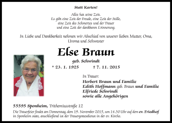 Traueranzeige von Else Braun von  Allg. Zeitung Bad Kreuznach Traueranzeige von Else Braun von  Allg. Zeitung Bad Kreuznach