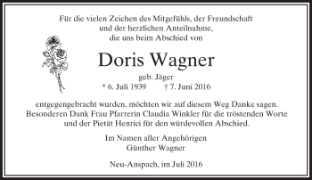 Traueranzeige von Doris Wagner von  Usinger Anzeiger Traueranzeige von Doris Wagner von  Usinger Anzeiger