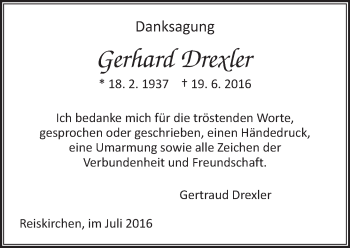 Traueranzeige von Gerhard Drexler von  Gießener Anzeiger
