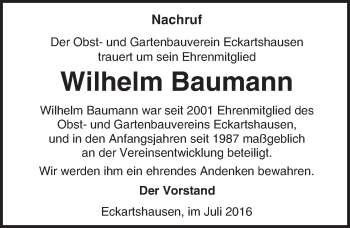 Traueranzeige von Wilhelm Baumann von  Kreisanzeiger